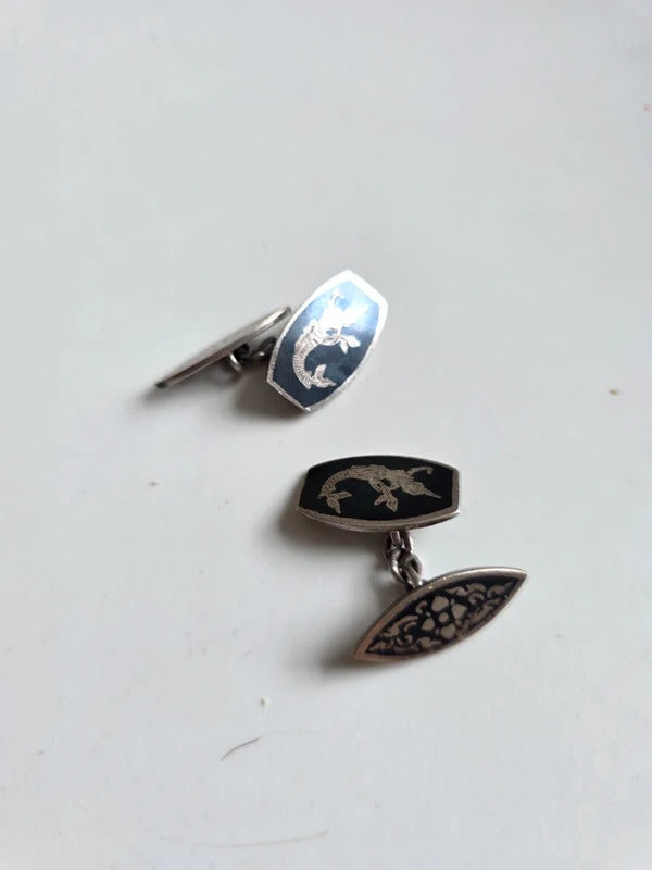 1930s Vintage Siam Silver Niello Cufflinks with Mythical Figure