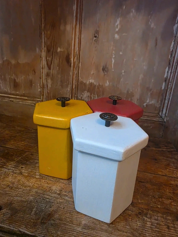 Vintage Mid Century 1950s 1960s Handmade Wooden Kitchen Canisters – Colourful Storage Jars Set