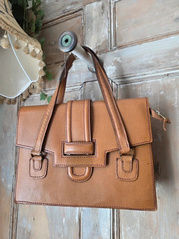 Vintage 1970s Tan Leather Satchel Contrast Stitch Briefcase Bag