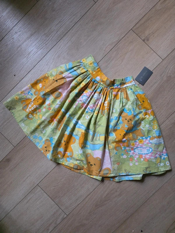 Vintage Handmade Novelty Print Cotton Skater Skirt | Teddy Bear Picnic | Upcycled | UK 8–10
