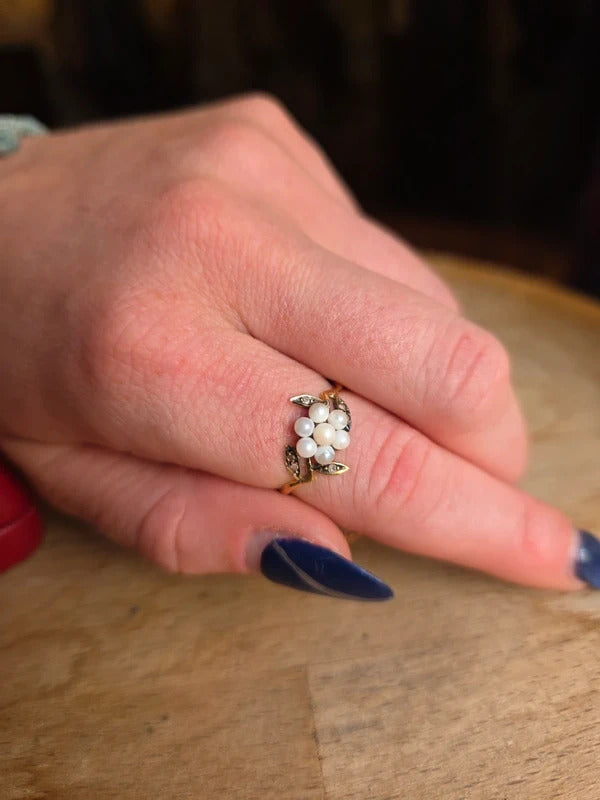 Antique Victorian/Edwardian 18ct Gold Pearl & Diamond Cluster Ring, circa 1890–1910