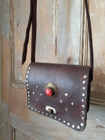 Load image into Gallery viewer, Handmade Brown Leather Studded Shoulder Bag Boho Festival Crossbody Red Gem Detail
