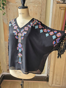 Vintage Biba Aztec Embroidered Beaded Top with Fringe Sleeves – Size 16