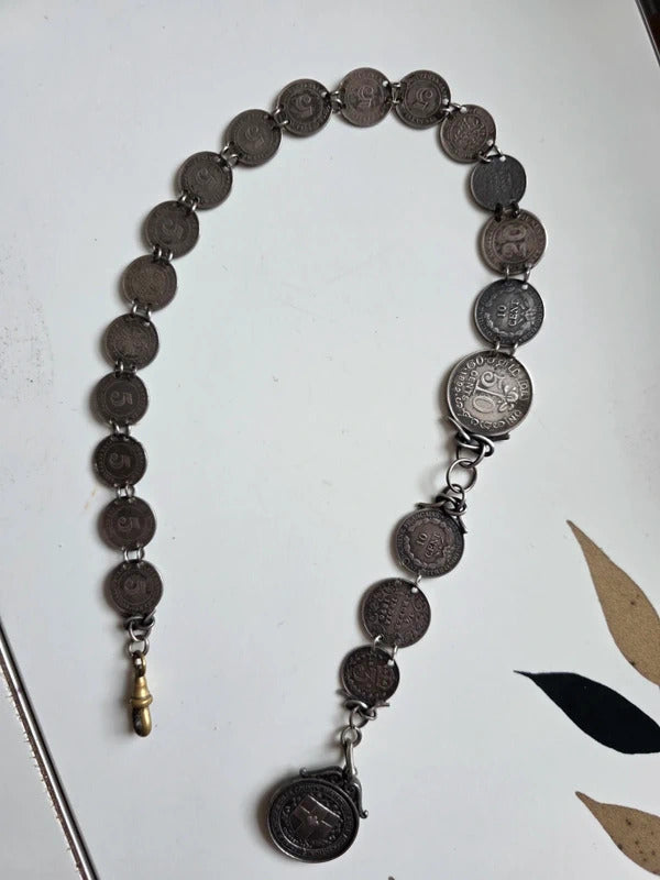 Antique Sterling Silver Coin Pocket Watch Chain – 1890s Coins – Hallmarked Albert Chain