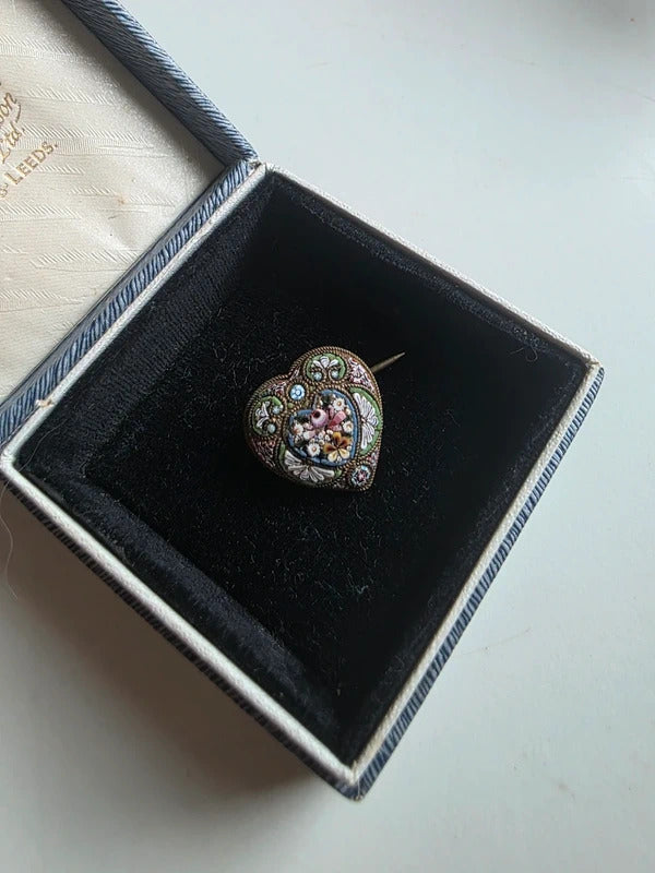 Antique Victorian micro mosaic love heart brooch
