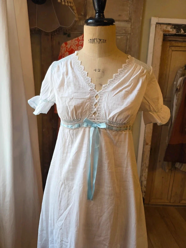Vintage 1960s Italian White Cotton Negligee ~ Blue Ribbon Lace Nightdress Nightgown Cottagecore