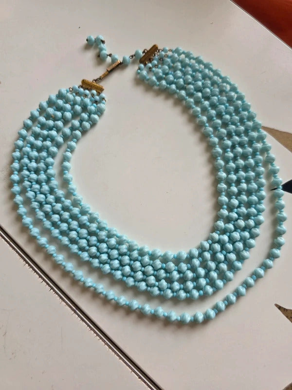 Vintage 1950s Czech Blue Milk Glass Multi Strand Necklace