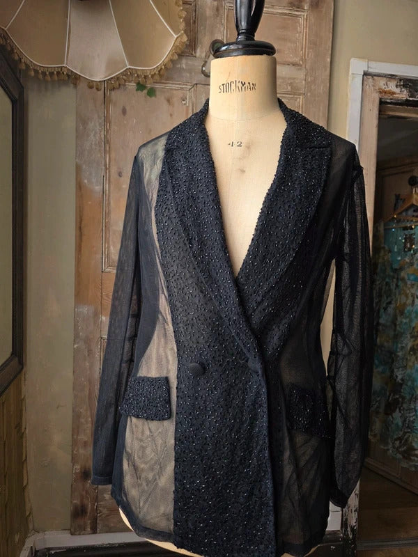 Nicole Farhi Vintage Beaded Sheer Blazer Black UK 12-14