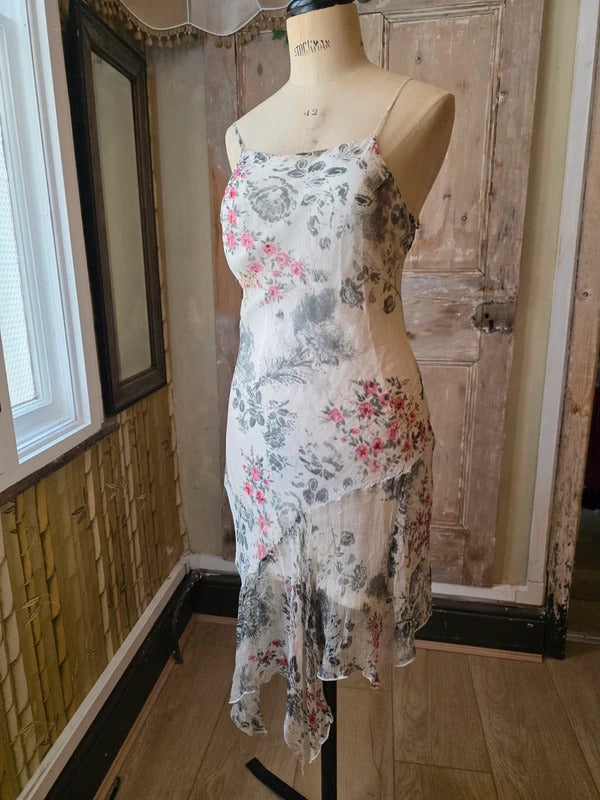 Vintage Y2K fairycore Little Buddha Silk Floral Dress | Handkerchief Hem | Cottagecore Slip | UK 12