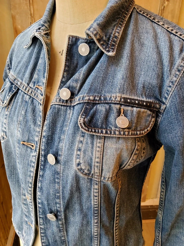 Vintage Y2K Sisley Denim Jacket Fitted Trucker Mid Wash Blue | UK8