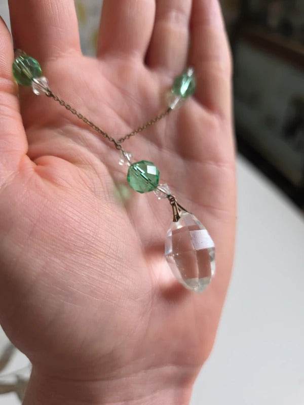 Vintage Art Deco Faceted Glass Drop Necklace – Green & Clear