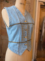 Load image into Gallery viewer, Vintage 1990s Gin Rummy fitted western Gold-Embellished Denim Waistcoat  UK 8

