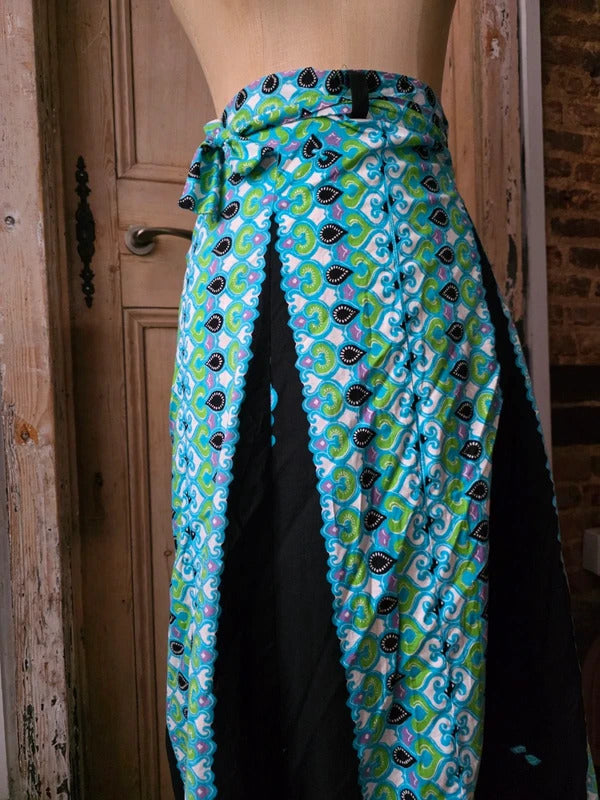Vintage 1970s Cotton Wrap Maxi Skirt | Psychedelic Paisley Boho Festival | Adjustable Waist uk6-12