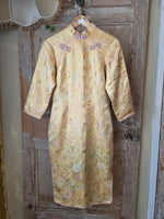 Load image into Gallery viewer, Vintage 1950s Silk Cheongsam Dress | Gold Floral Brocade | Mandarin Collar | Wiggle Dress | UK 6/8
