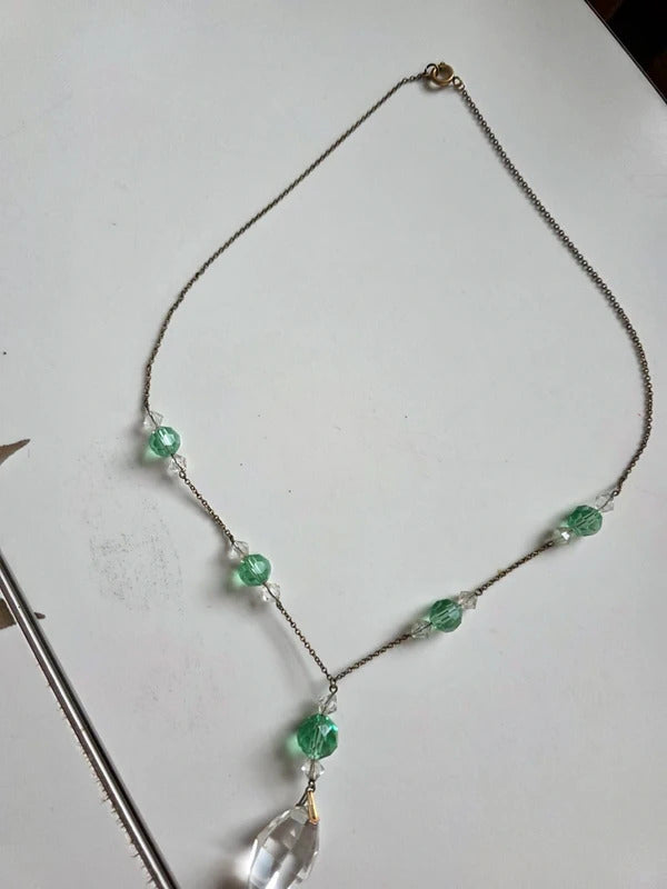 Vintage Art Deco Faceted Glass Drop Necklace – Green & Clear