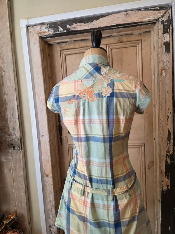 Vintage Y2K Kaporal Cotton Shirt Dress | Embroidered Plaid Mini | Preppy | UK8