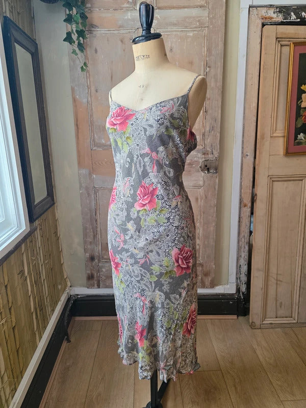 Vintage Y2K Slip Bias Dress – Floral Lace Print – UK 12