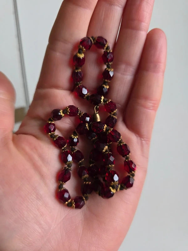 Vintage 1930s Cherry Red Faceted Glass Bead Necklace
