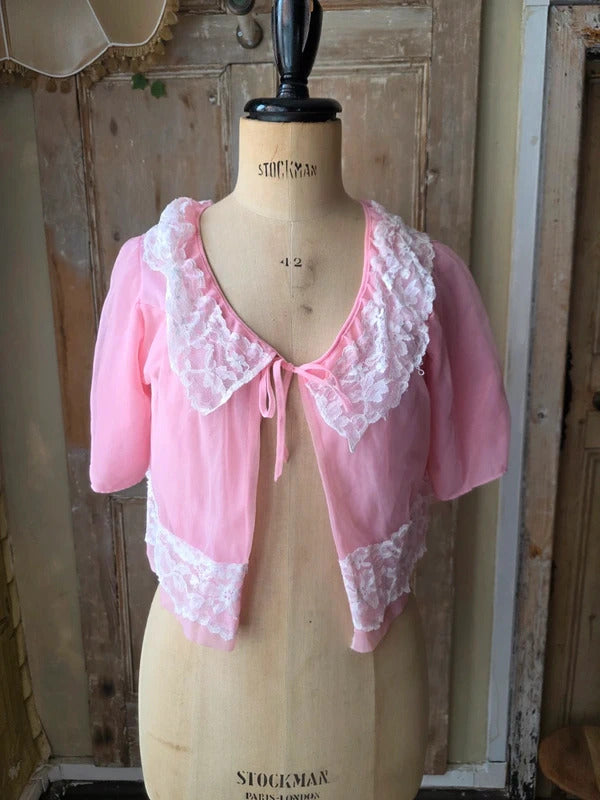 Vintage 1960s White Lace Collar & Trim Pink Nylon Bed Jacket