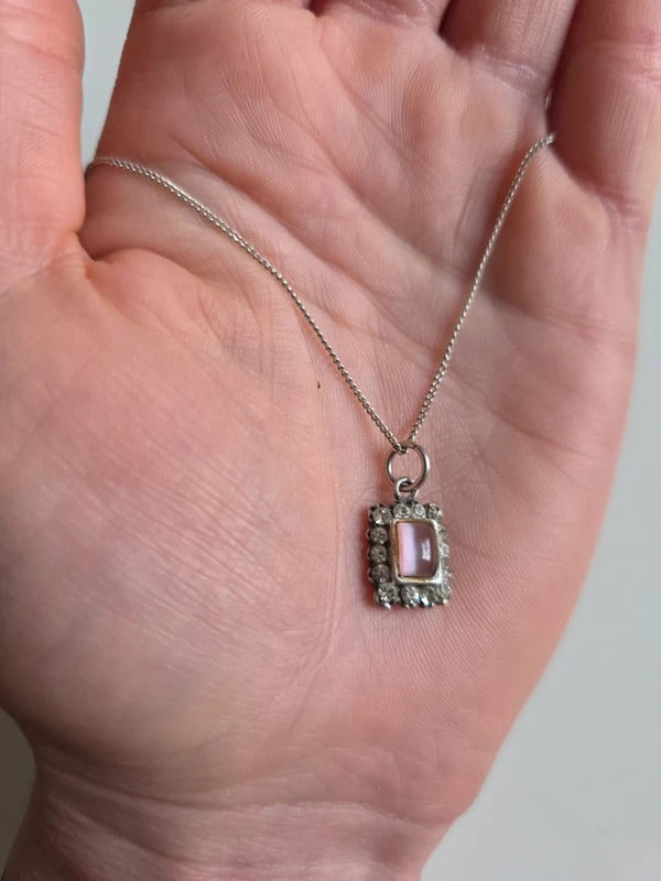 Original Art Deco Pink Glass & Rhinestone Pendant Necklace