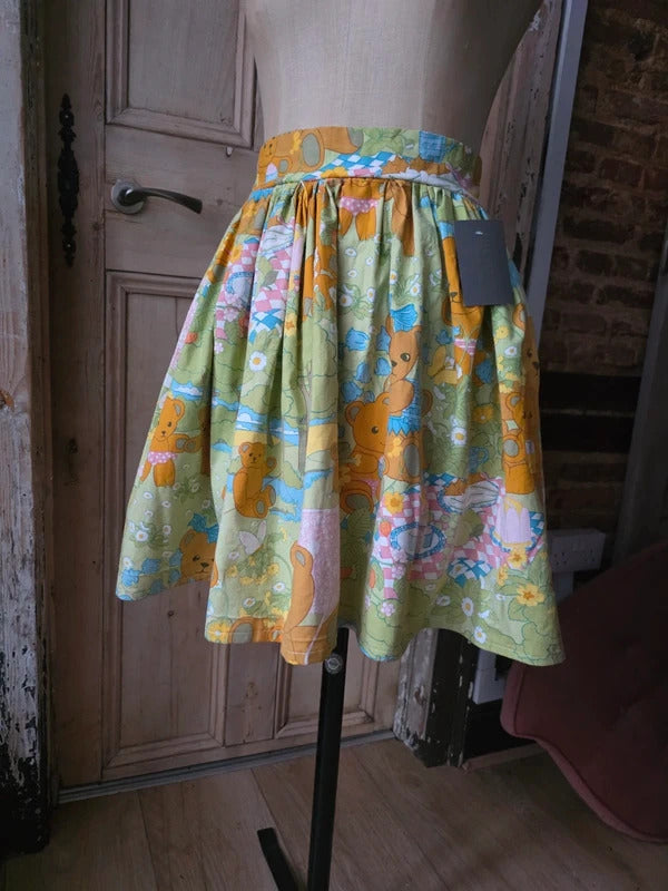 Vintage Handmade Novelty Print Cotton Skater Skirt | Teddy Bear Picnic | Upcycled | UK 8–10