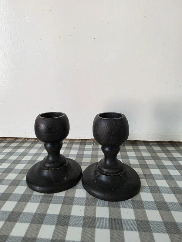 Vintage Hand Turned Wooden Candlesticks – Pair (Ebonised Wood)