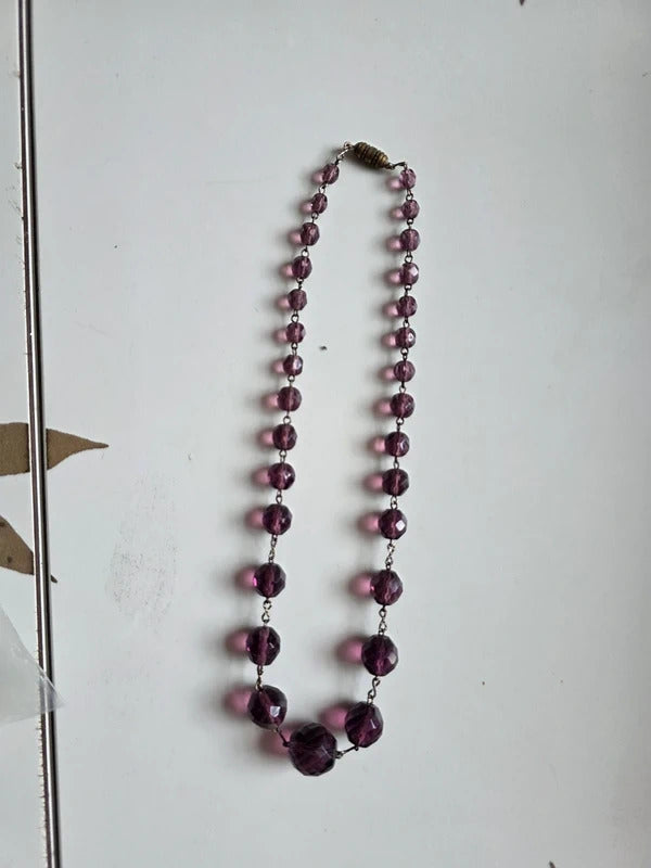 Vintage 1930s Art Deco Czech Purple Faceted Glass Necklace with Brass Closure
