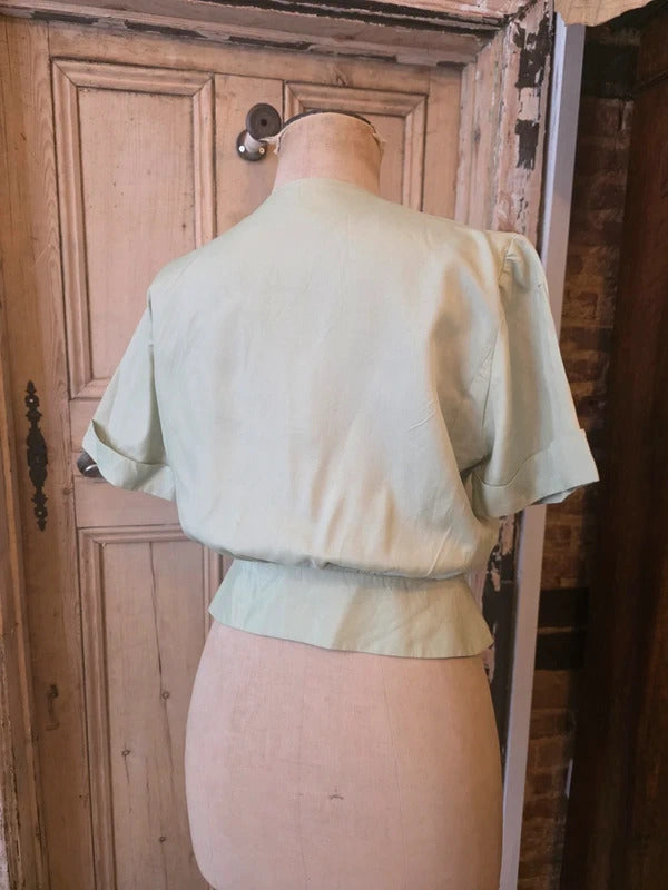 Vintage 1950s Pale Green Fitted Blouse – Charles Hire Worthing, Button Front, Cinched Waist