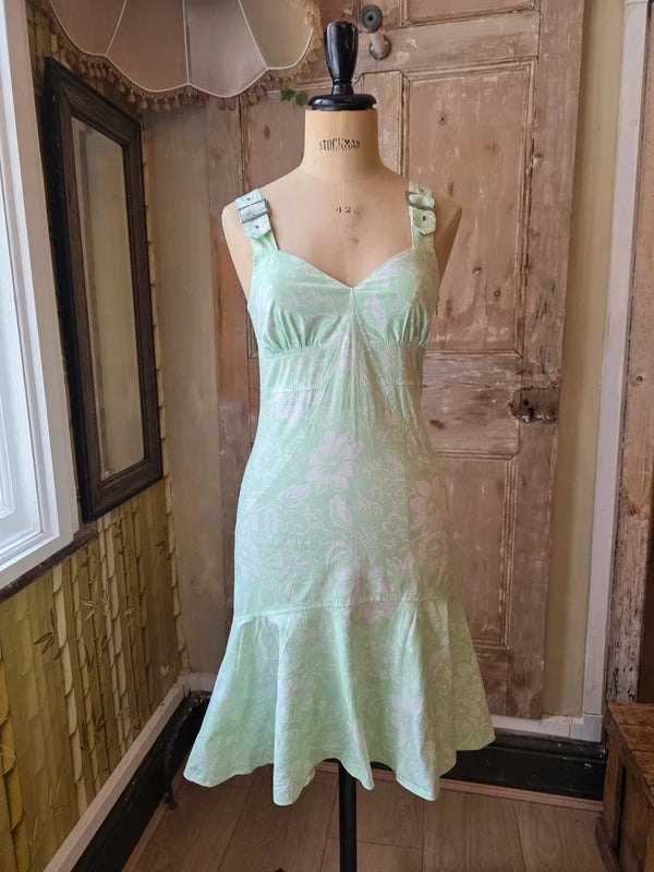 Vintage Y2K Mint Green Floral Buckle-Strap Midi Dress UK8