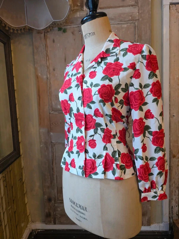 Vintage 1980s/90s Joliet Red Rose Print Blouse approx UK 12
