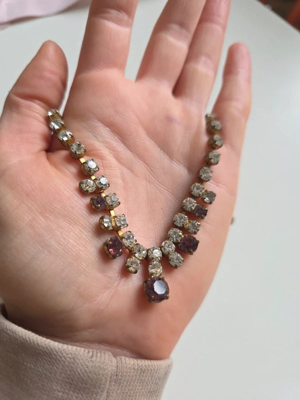 Vintage 1950s Rhinestone Necklace with Amethyst Tone Drops