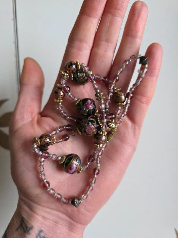 Vintage Venetian Lampwork Glass Bead Necklace – Murano Style, Handblown Art Glass