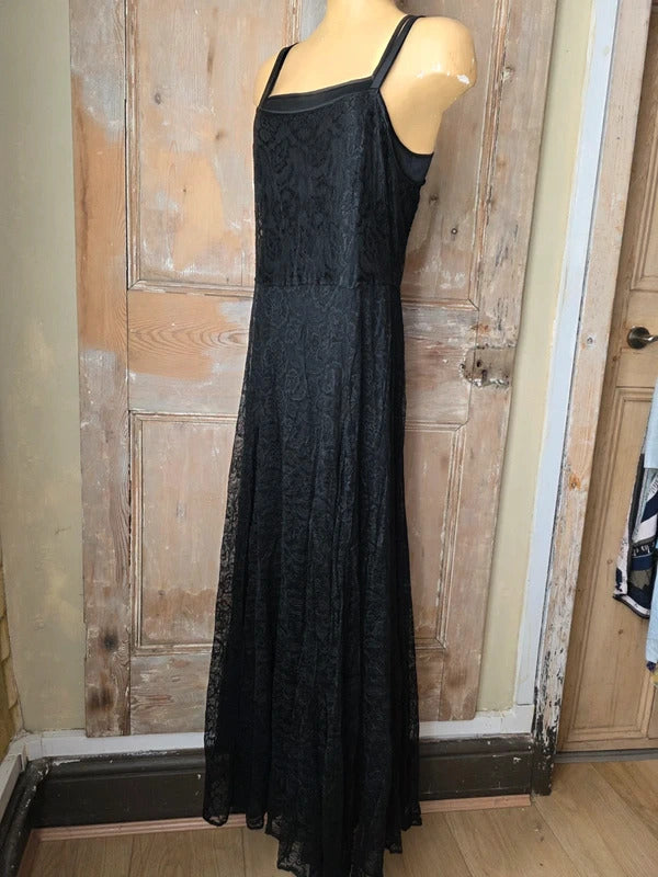 Antique Vintage 1930s Black Satin and Lace Gown Maxi