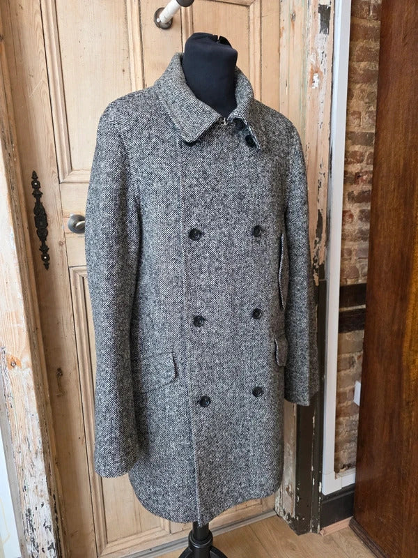 Tommy Hilfiger Wool Blend Coat – Grey Herringbone Double Breasted Jacket – Size L
