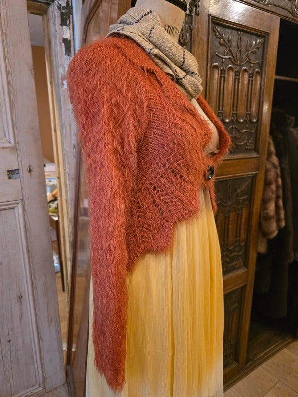 Vintage Y2K Orange Bolero-Style Cropped Crochet Cardigan – S/M