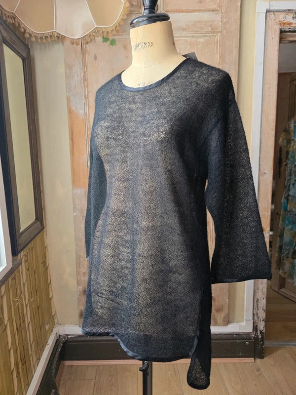 Vintage Black Italian Boucle Wool & Silk Sheer Jumper Large
