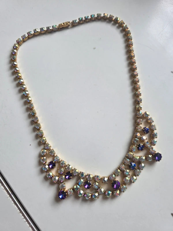 Vintage 1950s Aurora Borealis & Purple Rhinestone Necklace