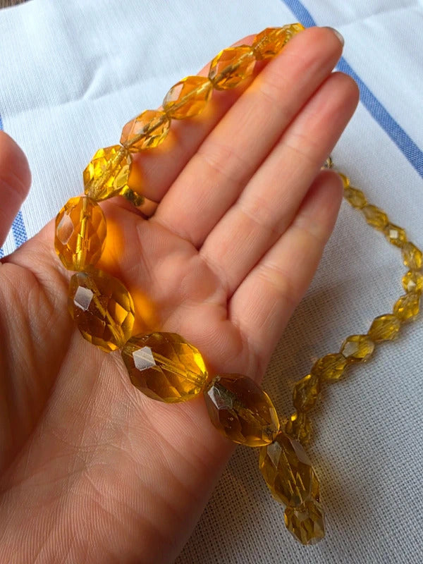 1930s Citrine Glass Necklace Art Deco Faceted Amber Yellow Bead Necklace