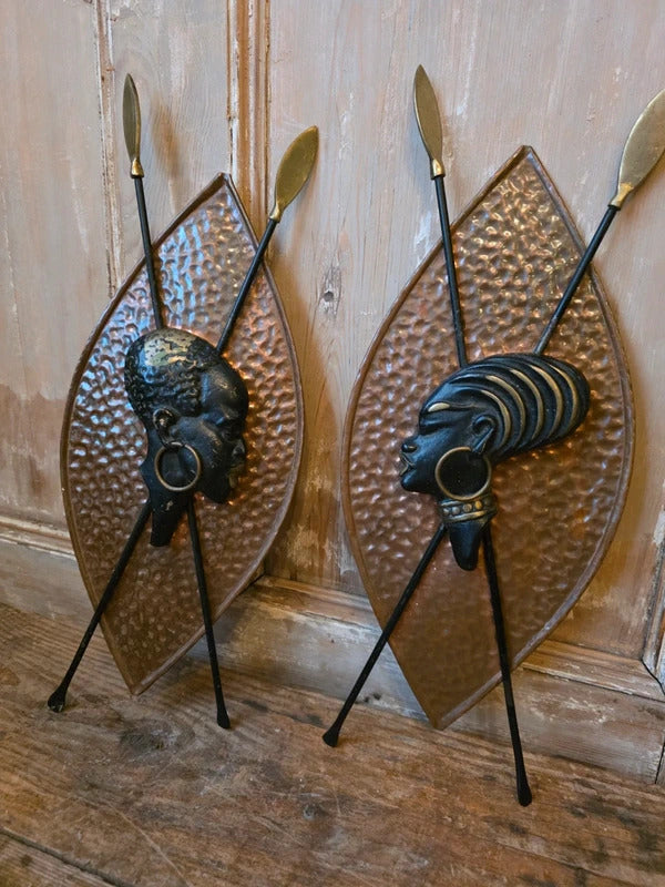 RARE Vintage Pair Richard Rohac Wall Sculptures Bronze Brass Shield Spears Art Deco / Mid Century