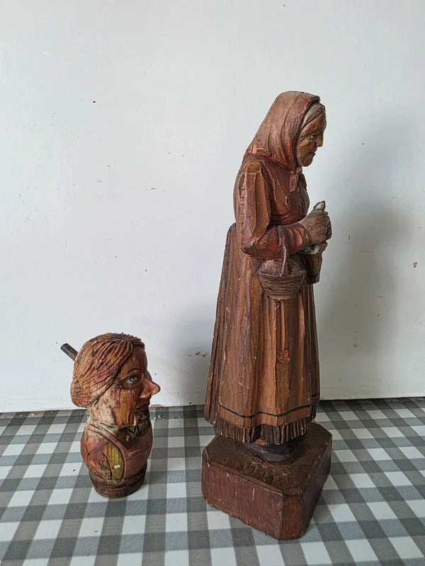 Vintage Hand Carved Folk Art Wooden Figures – Peasant Woman & Novelty Head