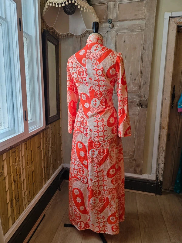 Vintage 1960s Handmade Red & White Print Maxi Dress Uk12