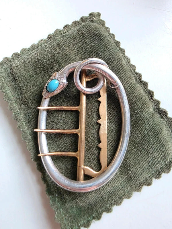 Antique 1920s Art Deco Silver & Brass Snake Belt Buckle with Turquoise Cabochon
