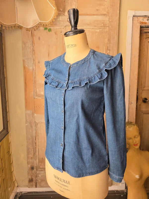 Vintage Y2K Kanopé French Ruffle Denim Blouse | Chambray Frill Collar Top | UK 8–10