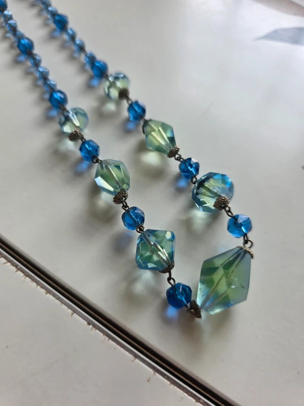 Vintage Czech Bi colour Uranium 1930s Art Deco Faceted Glass Necklace