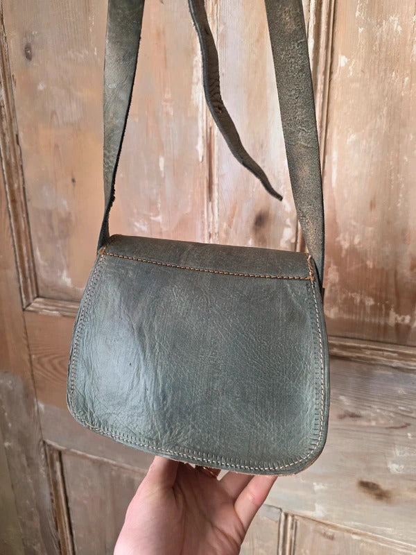 Handmade Grey Leather Shoulder Bag Hide Panel Rustic Boho Crossbody