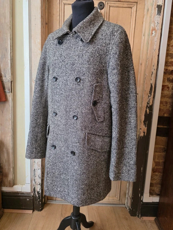 Tommy Hilfiger Wool Blend Coat – Grey Herringbone Double Breasted Jacket – Size L