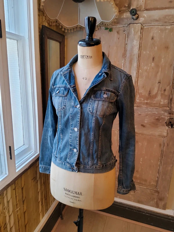 Vintage Y2K Sisley Denim Jacket Fitted Trucker Mid Wash Blue | UK8