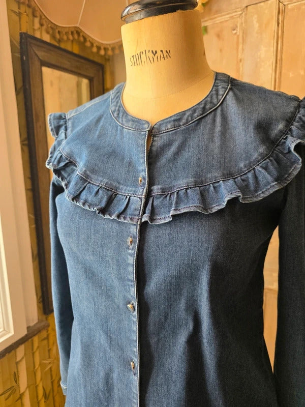 Vintage Y2K Kanopé French Ruffle Denim Blouse | Chambray Frill Collar Top | UK 8–10