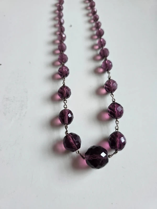 Vintage 1930s Art Deco Czech Purple Faceted Glass Necklace with Brass Closure