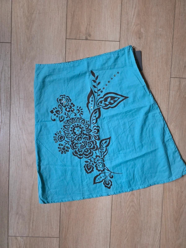 Vintage Y2K Turquoise Cotton Floral Print Skirt | UK 12 | Boho Summer A-Line uk12
